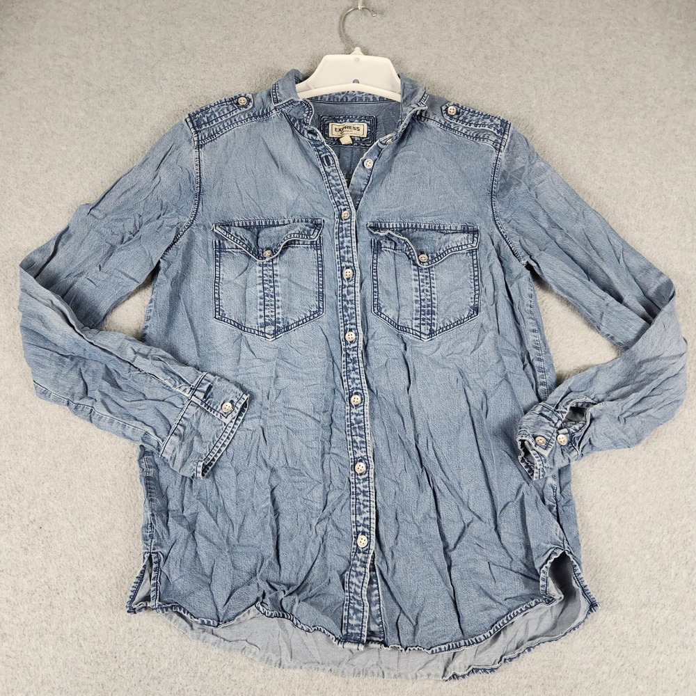 Express Boyfriend Shirt Womens Small Blue Denim Side Slit Curved Hem Button Up